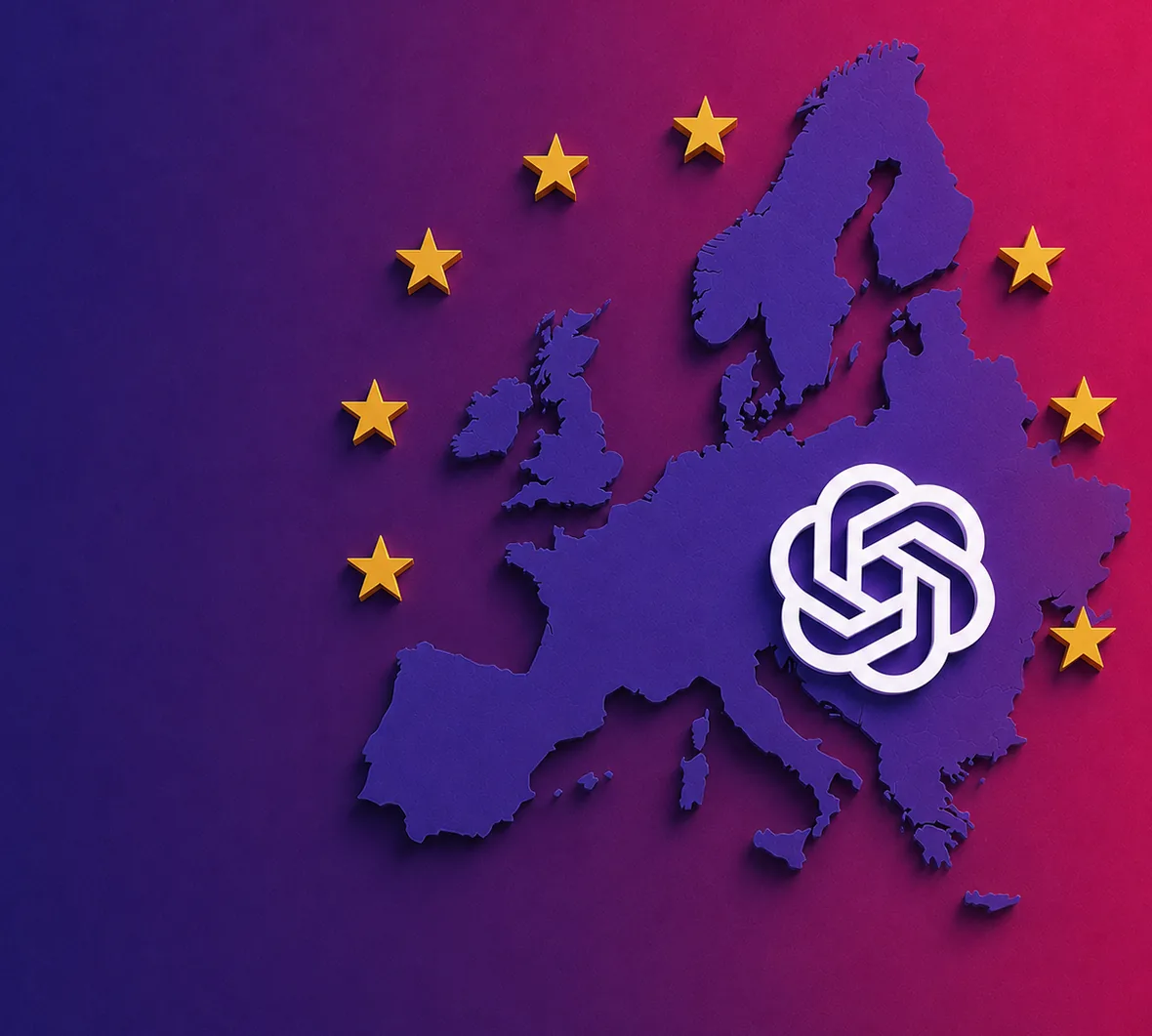 Mapa Európy s hviezdami vlajky EÚ a logom OpenAI — rozšírenie ChatGPT Ads do 31 európskych trhov